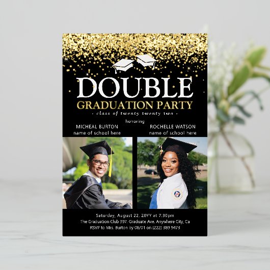 ブラック&ゴールドフォイルダブル卒業パーティーフォト 箔招待状 (立ち正面)