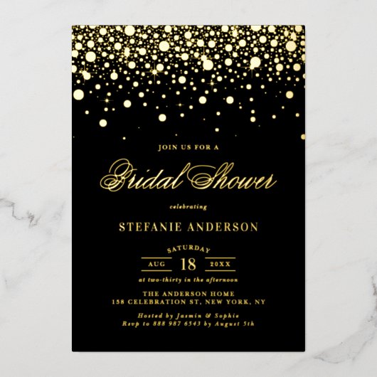 ブラック&ゴールドフォイル紙吹雪ドットブライダルシャワー 箔招待状 (正面)