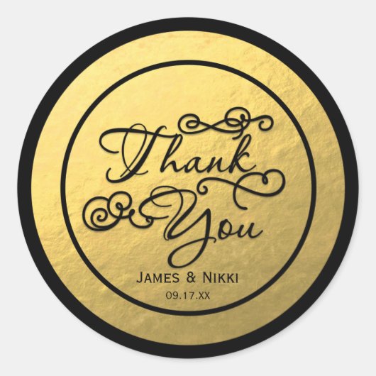 ブラック&ゴールドフォイルTHANK YOU Type 結婚's Sticker ラウンドシール (正面)