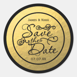 ブラック&ゴールドホイル SAVE THE DATE ウェディングステッカー ラウンドシール