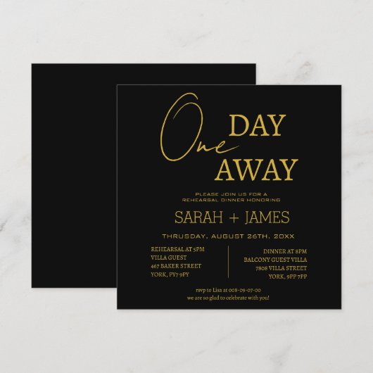 ブラック&ゴールドワンデイウェイリハーサルディナーウェディング 招待状 (正面/裏面)