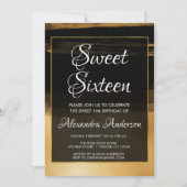 ブラック&ゴールド箔ブラシストローク甘い16誕生日 招待状 (正面)