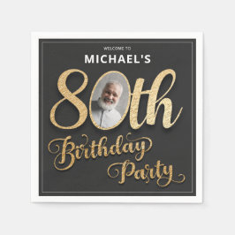 ブラック ゴールド箔 カスタム写真 80歳の誕生日  スタンダードカクテルナプキン