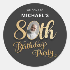 ブラック ゴールド箔 カスタム写真 80歳の誕生日  ラウンドシール