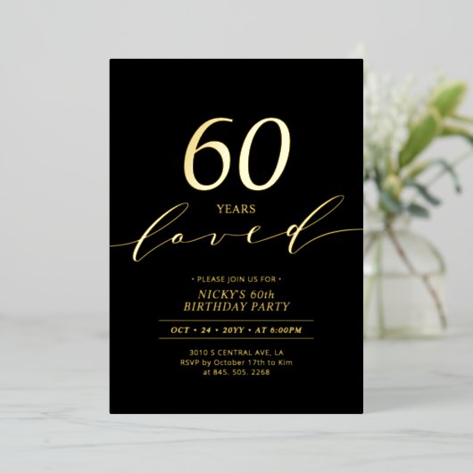 ブラック&ゴールド箔 | 60 Years Loved 60歳の誕生日 箔招待状 (立ち正面)