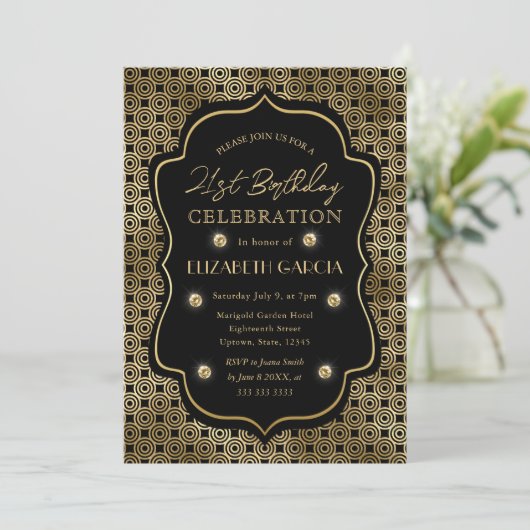 ブラック＆ゴールド アートデコ ヴィンテージ フレーム 21歳の誕生日 招待状 (スタンド正面)