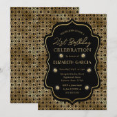 ブラック＆ゴールド アートデコ ヴィンテージ フレーム 21歳の誕生日 招待状 (正面/裏面)