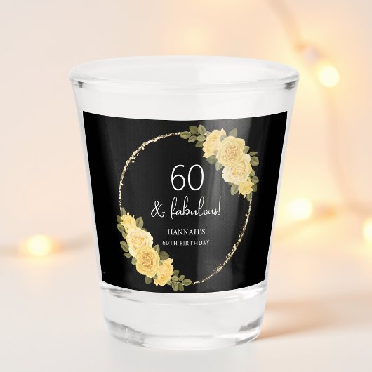 ブラック | ゴールド&イエローの花柄 60歳の誕生日 ショットグラス