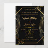 ブラック＆ゴールド エレガント ウェディング インビテーション (正面/裏面)