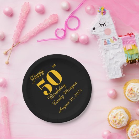 ブラック＆ゴールド エレガント クラシック 大人 誕生日 ペーパープレート (パーティー)