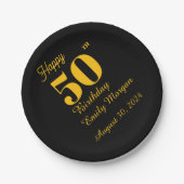 ブラック＆ゴールド エレガント クラシック 大人 誕生日 ペーパープレート (正面)