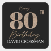 ブラック＆ゴールド エレガント グリッター 80歳の誕生日 スクエアシール (正面)
