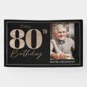 ブラック＆ゴールド エレガント グリッター 80歳 フォト バースデー 横断幕 (横)