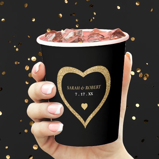 ブラック＆ゴールド グリッター ハート ウェディング 紙コップ