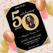 ブラック＆ゴールド グリッター 50 五十周年 50歳の誕生日 招待状
