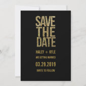 ブラック & ゴールド グリッター Save the Date タイポグラフィー セーブザデート (裏面)