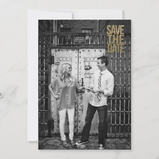 ブラック & ゴールド グリッター Save the Date タイポグラフィ セーブザデート (正面)