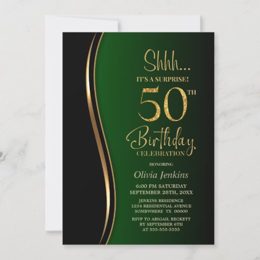 ブラック ゴールド グリーン サプライズ 50歳の誕生日 招待状 (正面)