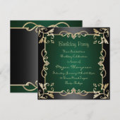 ブラック/ゴールド & グリーン スワール 誕生日招待状 招待状 (正面/裏面)