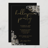 ブラック＆ゴールド ゴシック フローラル 大人 ハロウィンパーティー 招待状 (正面/裏面)