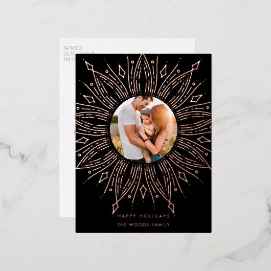 ブラック＆ゴールド サンバースト フレーム アートデコ クリスマス 箔シーズンポストカード (正面/裏面)