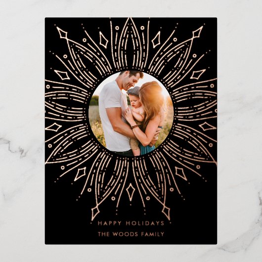 ブラック＆ゴールド サンバースト フレーム アートデコ クリスマス 箔シーズンポストカード (正面)