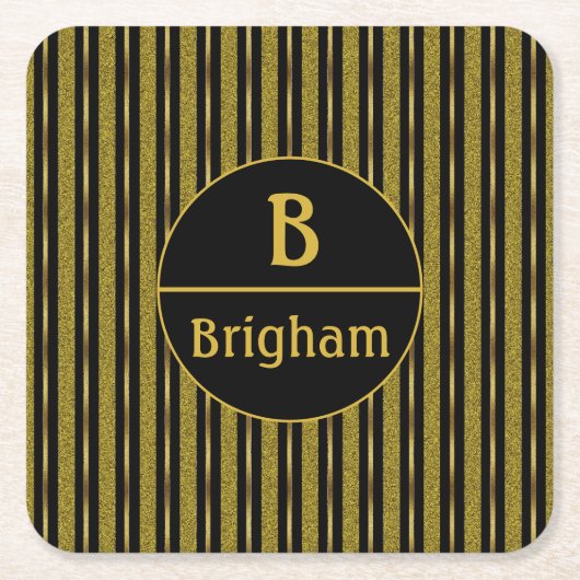 ブラック＆ゴールド ストライプ スプリット モノグラム スクエアペーパーコースター (正面)