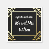 ブラック・ゴールド・フォイルのハート型の結婚花 スタンダードカクテルナプキン (正面)