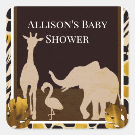 ブラック ゴールド ブラウン 動物園の動物 サファリ プリント パーティー スクエアシール