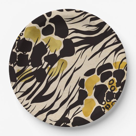 ブラック ゴールド ブラウン 動物園の動物 サファリ プリント パーティー ペーパープレート (正面)