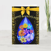 ブラック ゴールド ブルー ジェムストーン フローラル ハッピーアニバーサリー サンキューカード (正面)