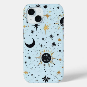 ブラック ゴールド ブルー 天体 太陽 月 星 iPhone 15ケース