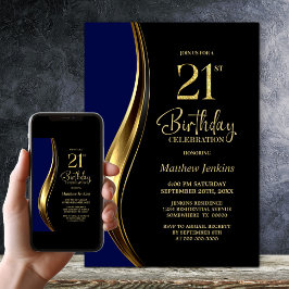 ブラック ゴールド ブルー 21歳の誕生日パーティー 招待状