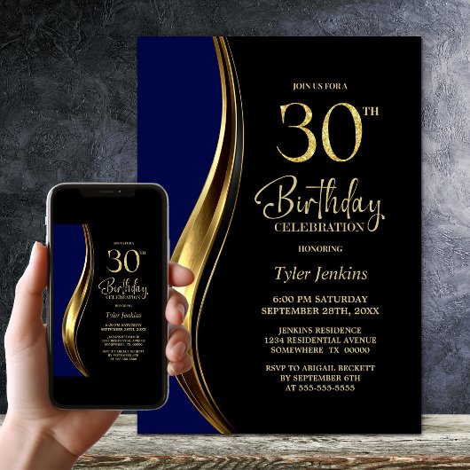 ブラック ゴールド ブルー 30歳の誕生日パーティー 招待状