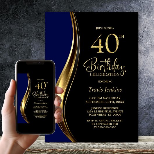 ブラック ゴールド ブルー 40歳の誕生日パーティー 招待状