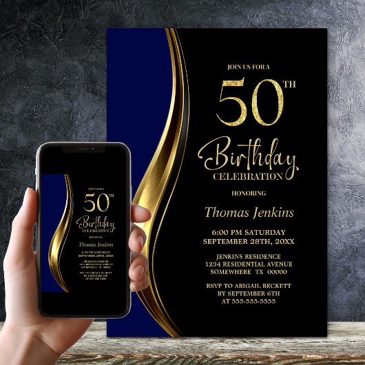 ブラック ゴールド ブルー 50歳の誕生日パーティー 招待状