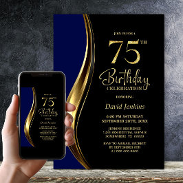 ブラック ゴールド ブルー 75歳の誕生日パーティー 招待状