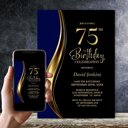 ブラック ゴールド ブルー 75歳の誕生日パーティー 招待状