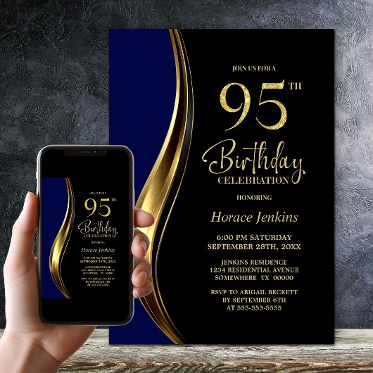 ブラック ゴールド ブルー 95歳の誕生日パーティー 招待状