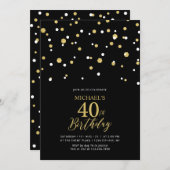 ブラック＆ゴールド ヘキサゴン コンフェッティ 40歳の誕生日パーティー 招待状 (正面/裏面)