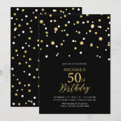 ブラック＆ゴールド ヘキサゴン コンフェッティ 50歳の誕生日パーティー 招待状 (正面/裏面)