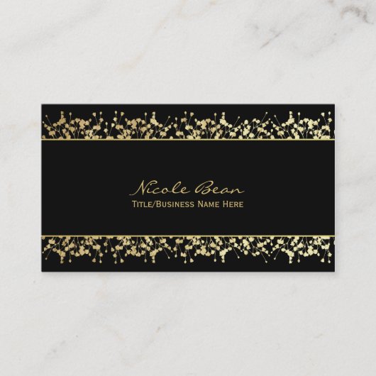 ブラック＆ゴールド ベビーズブレス フラワー ビジネスカード (正面)