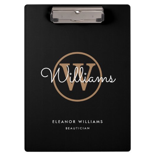 ブラック ゴールド ホワイト スクリプト モノグラム 名前 クリップボード (正面)