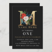 ブラック ゴールド ホワイト フローラル レター M 招待状 (正面/裏面)