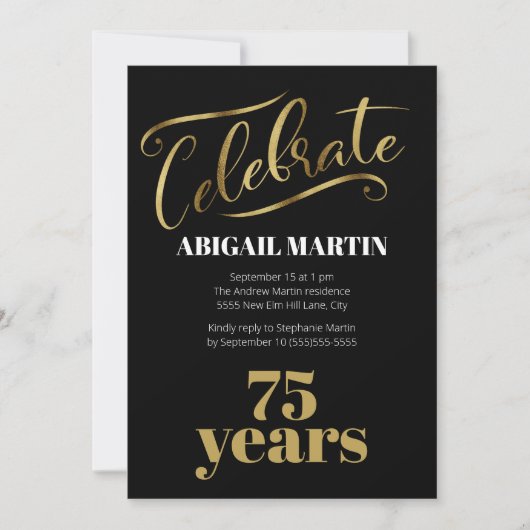 ブラック ゴールド ホワイト 75歳の誕生日パーティー 招待状 (正面)