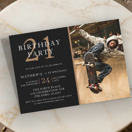 ブラック＆ゴールド モダン写真 21歳の誕生日  招待状