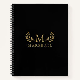 ブラック&ゴールド モダン エレガント フローラル モノグラム ネーム ノートブック