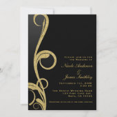 ブラック＆ゴールド モダン グラム エレガント スワール ウェディング 招待状 (正面)