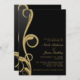 ブラック＆ゴールド モダン グラム エレガント スワール ウェディング 招待状