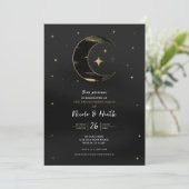 ブラック＆ゴールド モダン セレスティアル ムーン スター 結婚指輪 招待状 (スタンド正面)